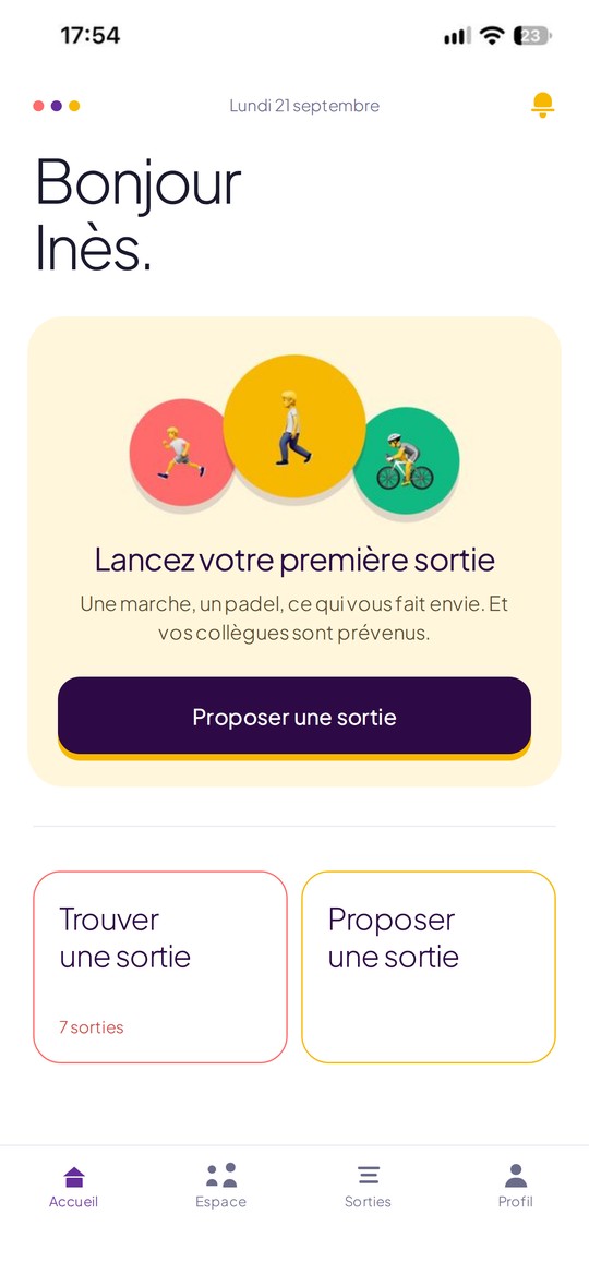 Écran d'accueil de l'application Sedless : lancer sa première sortie, trouver ou proposer une sortie